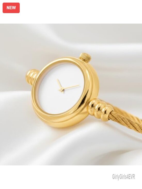 Elegant Analog Watch with Classic Round Dial and Cable Cuff Bangle